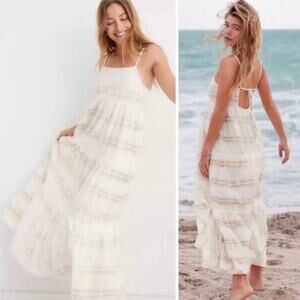NWT Aerie Sz XS Beachy Tiered Maxi Dress Tan Ivory Coastal Boho Vacation Lace